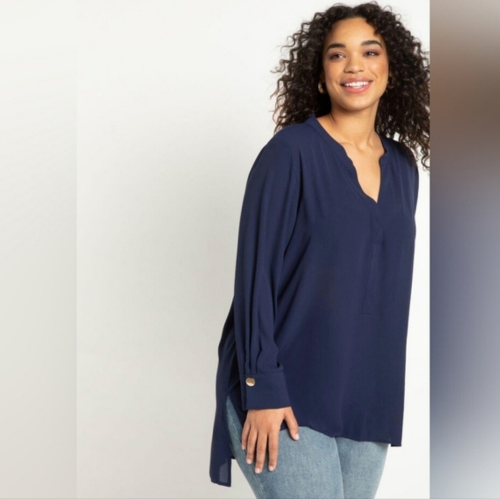 Eloquii Navy Blue Mandarin Collar High-Low Sheer Long Sleeve Tunic…